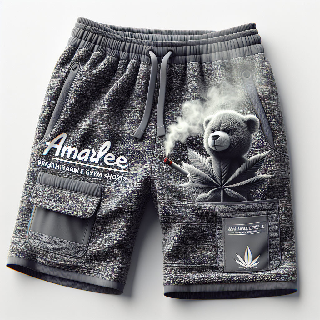 Amatlee 420 Collection Breathable Gym Shorts with pockets with a weed smoking teddy bear logo.