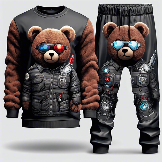 Amarlee Collection Pants and shirt sets with image features a hybrid design of a teddy bear and a robot, split down the middle with the left side